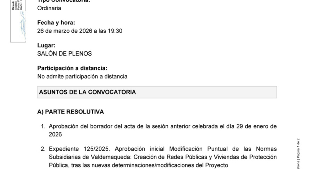 Convocatoria a Pleno sesión ordinaria, jueves 26 de marzo a las 19:30h